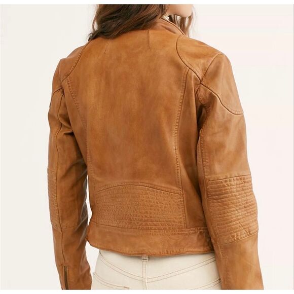 Free People Rugged Leather Jacket Camel Small 100% Lamb Leather - Picture 2 of 15